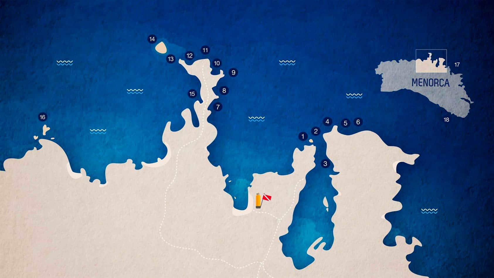 Mapa inmersiones Diving Menorca